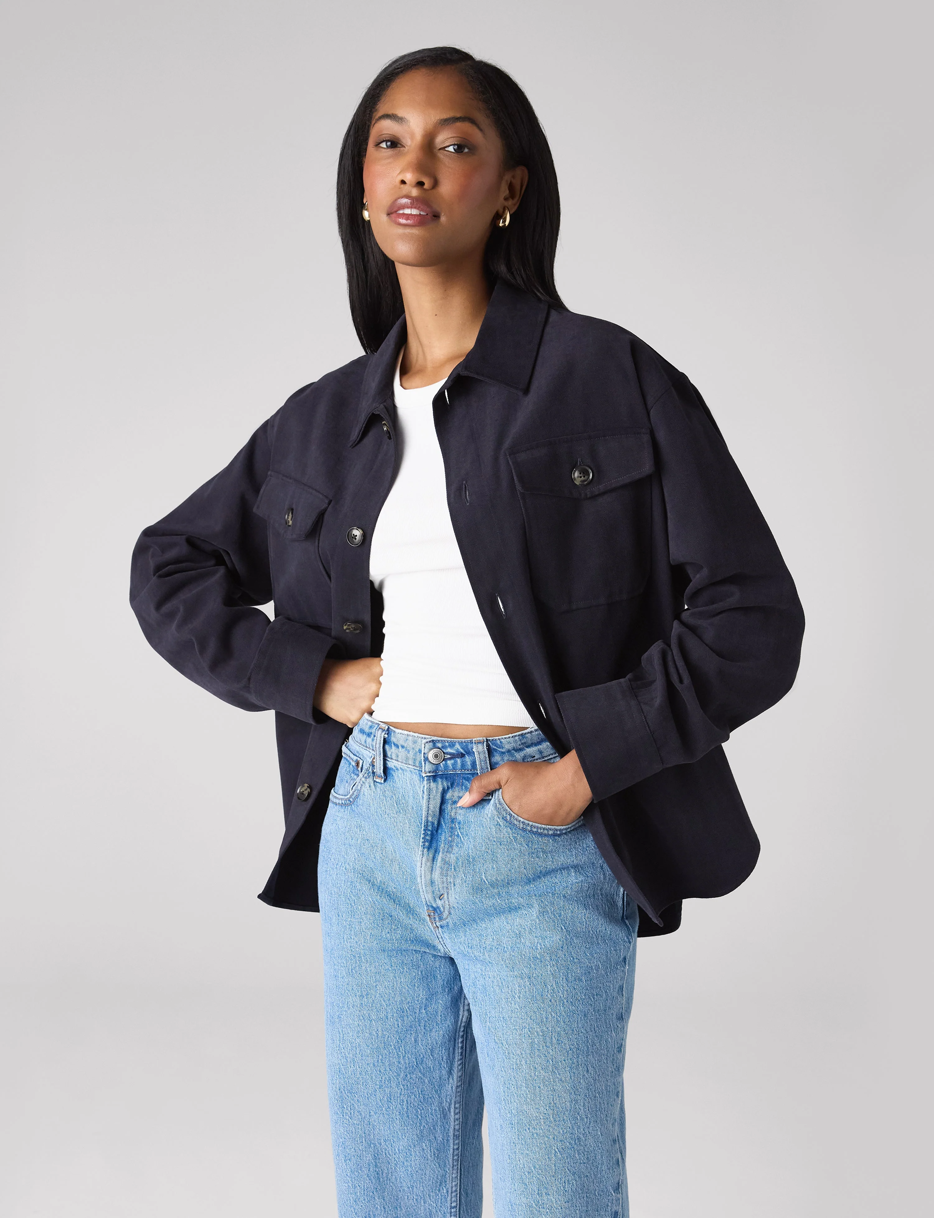 Stow Overshirt: Brushed Twill, Navy Blue - With Nothing Underneath
