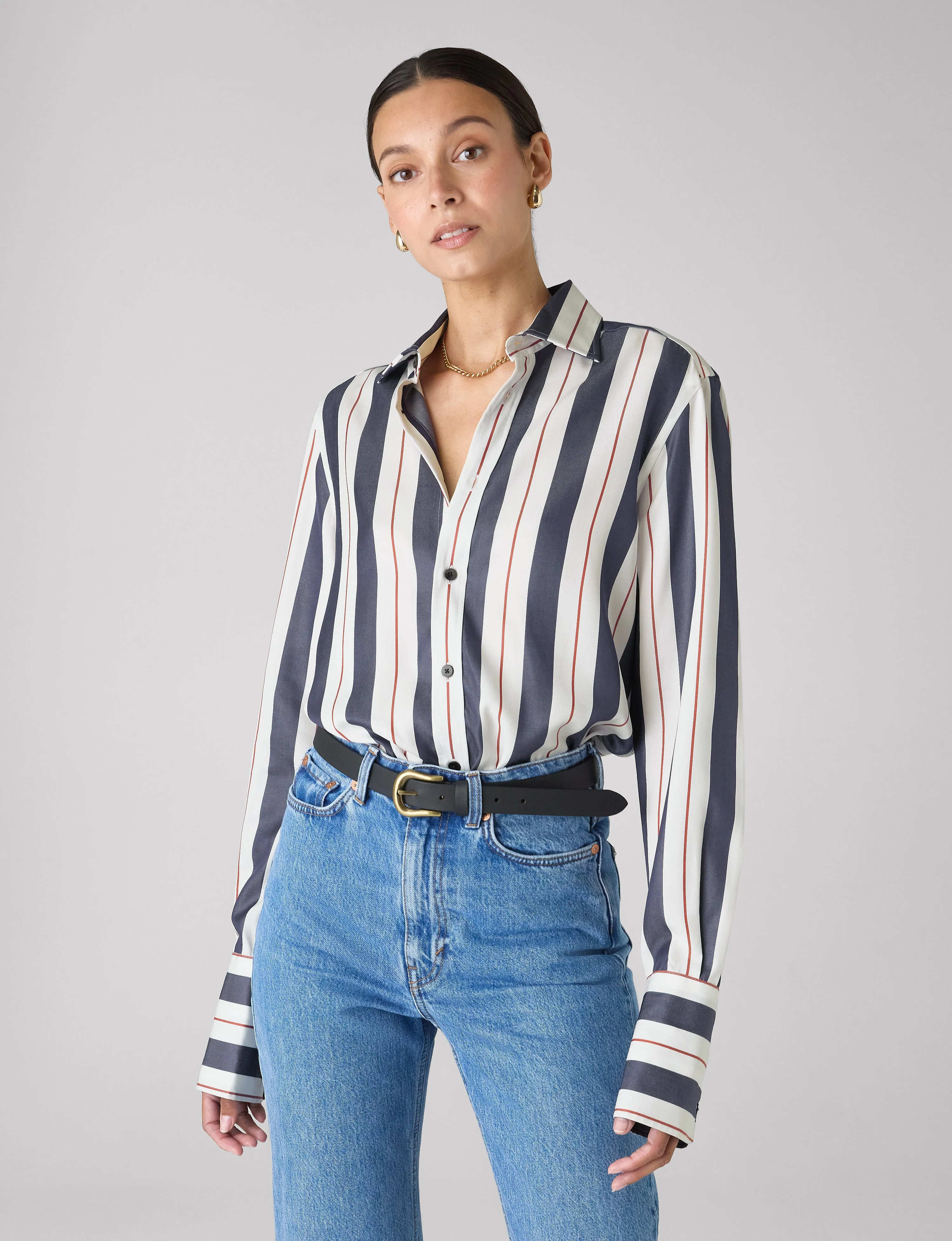 The Boyfriend Exaggerated Cuff: TENCEL™ Lyocell, Navy & Burgundy Wide Stripe - With Nothing Underneath
