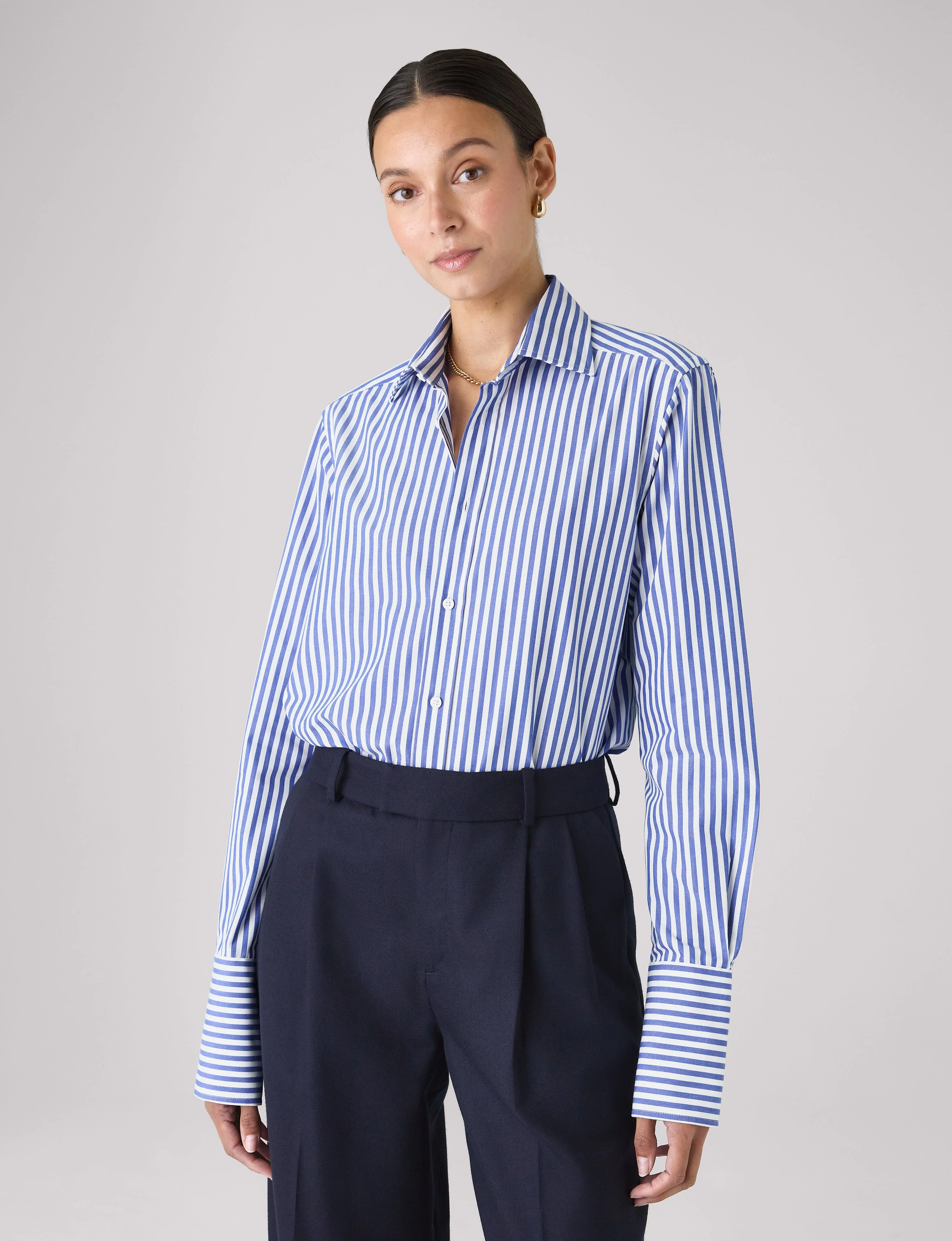The Boyfriend Exaggerated Cuff: Fine Poplin, Royal Blue Stripe - With Nothing Underneath