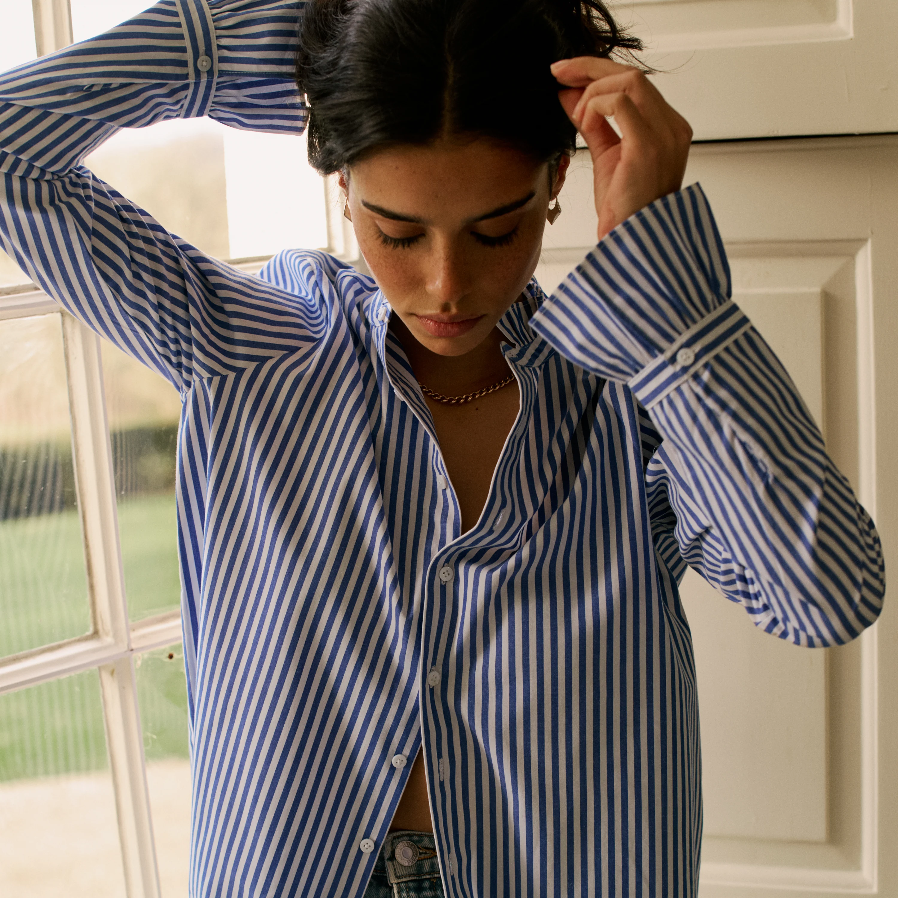 Kew Blouse: Fine Poplin, Royal Blue Stripe - With Nothing Underneath