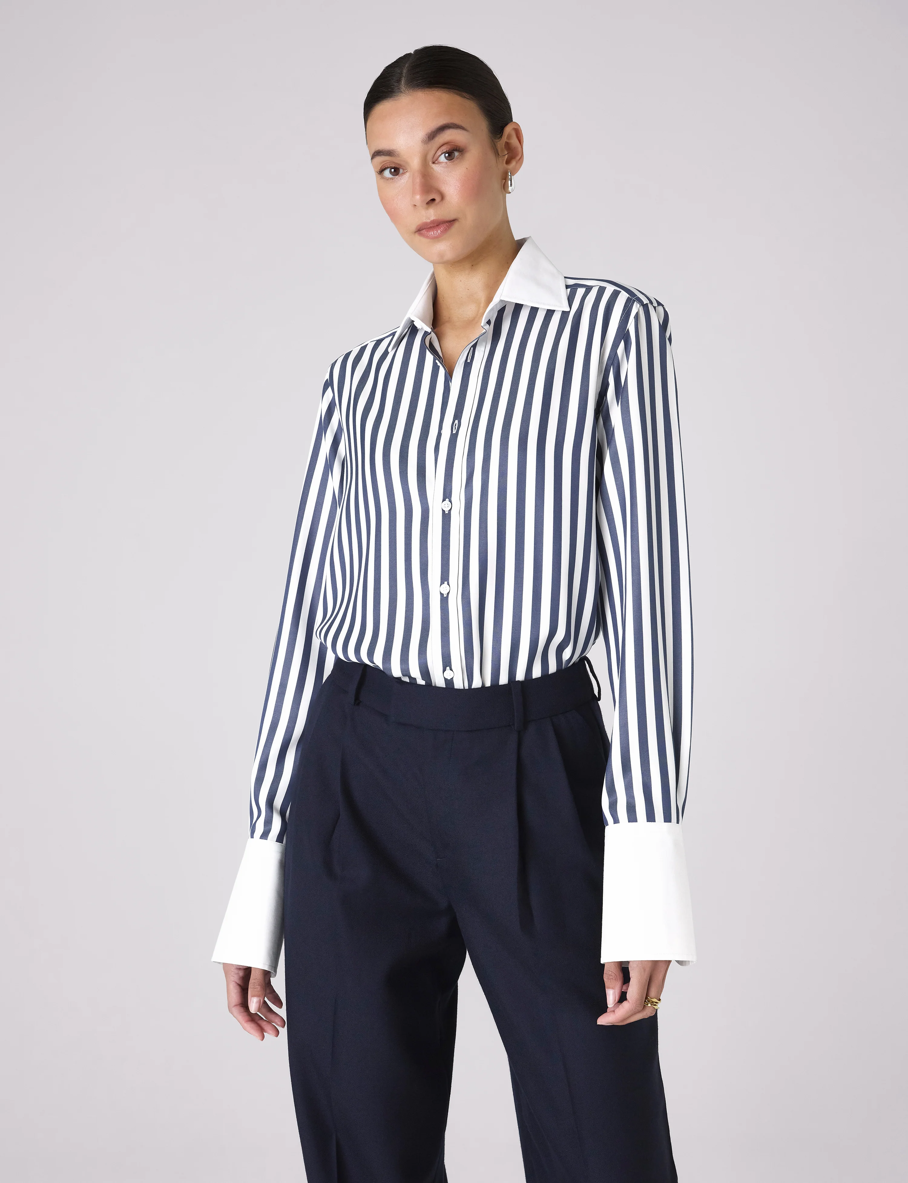 The Boyfriend Contrast Exaggerated Cuff: TENCEL™ Lyocell, Navy Blue Stripe - With Nothing Underneath