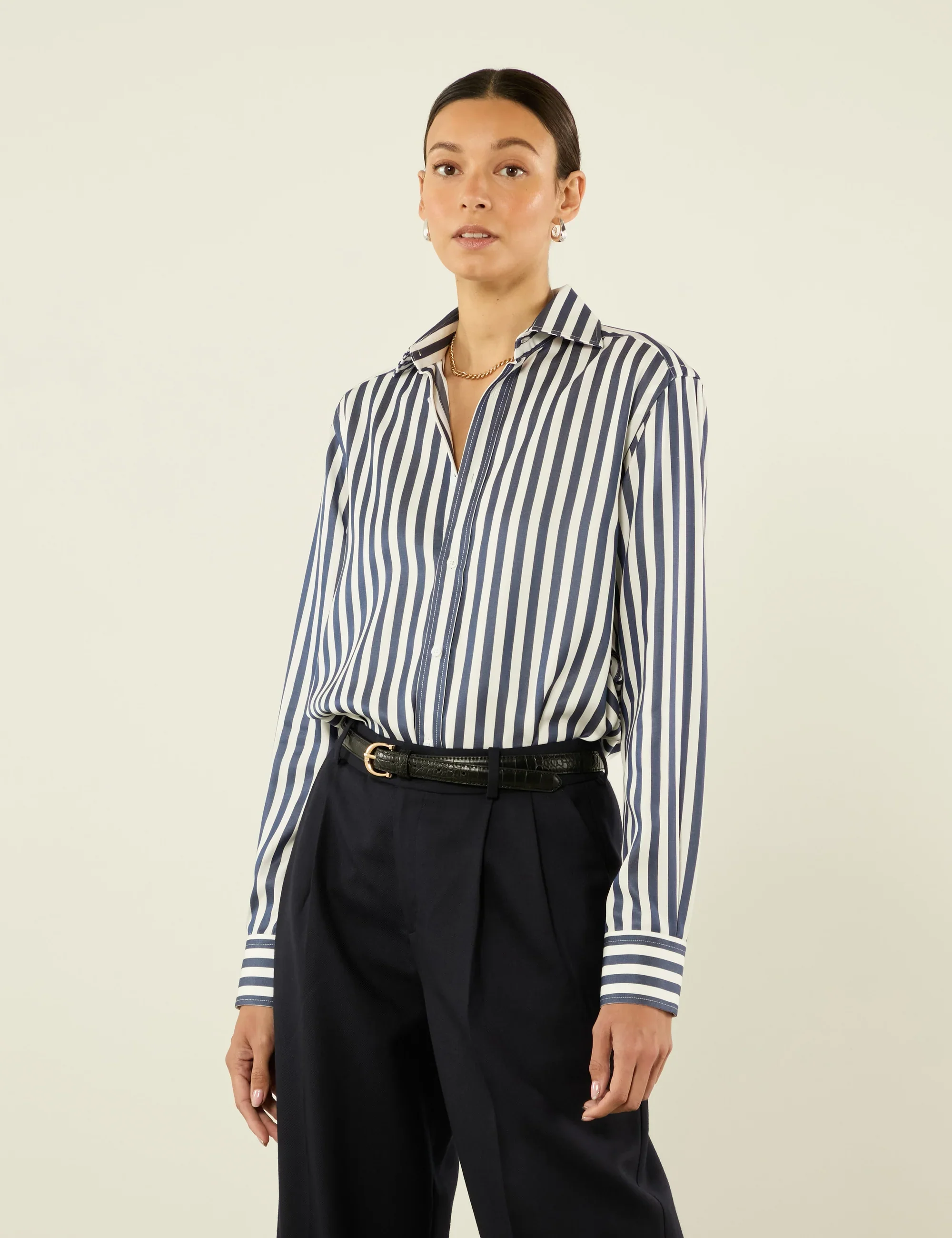 The Boyfriend: TENCEL™ Lyocell, Navy Blue Stripe - With Nothing Underneath