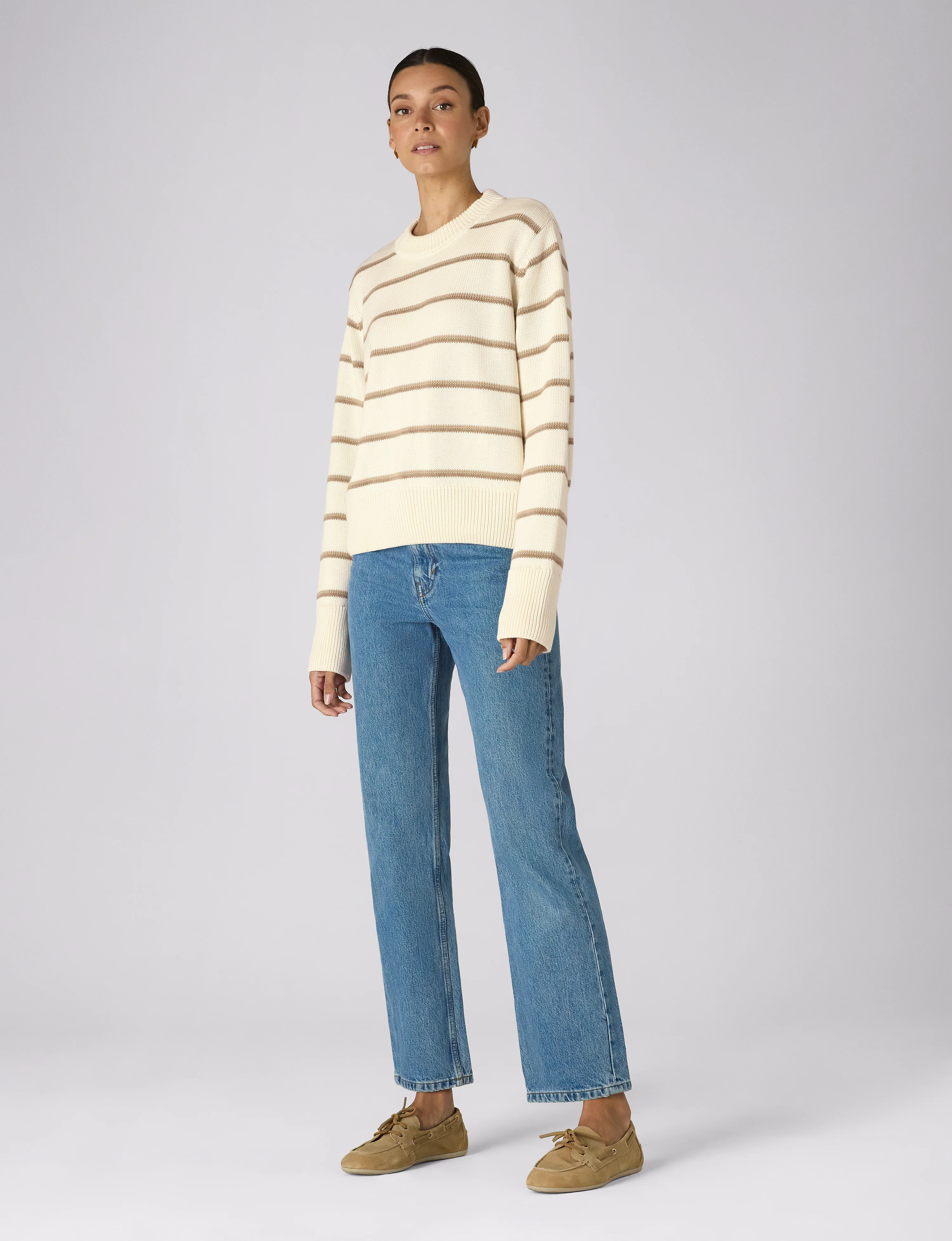 Devon Jumper: Cotton, Ecru and Latte Stripe - With Nothing Underneath