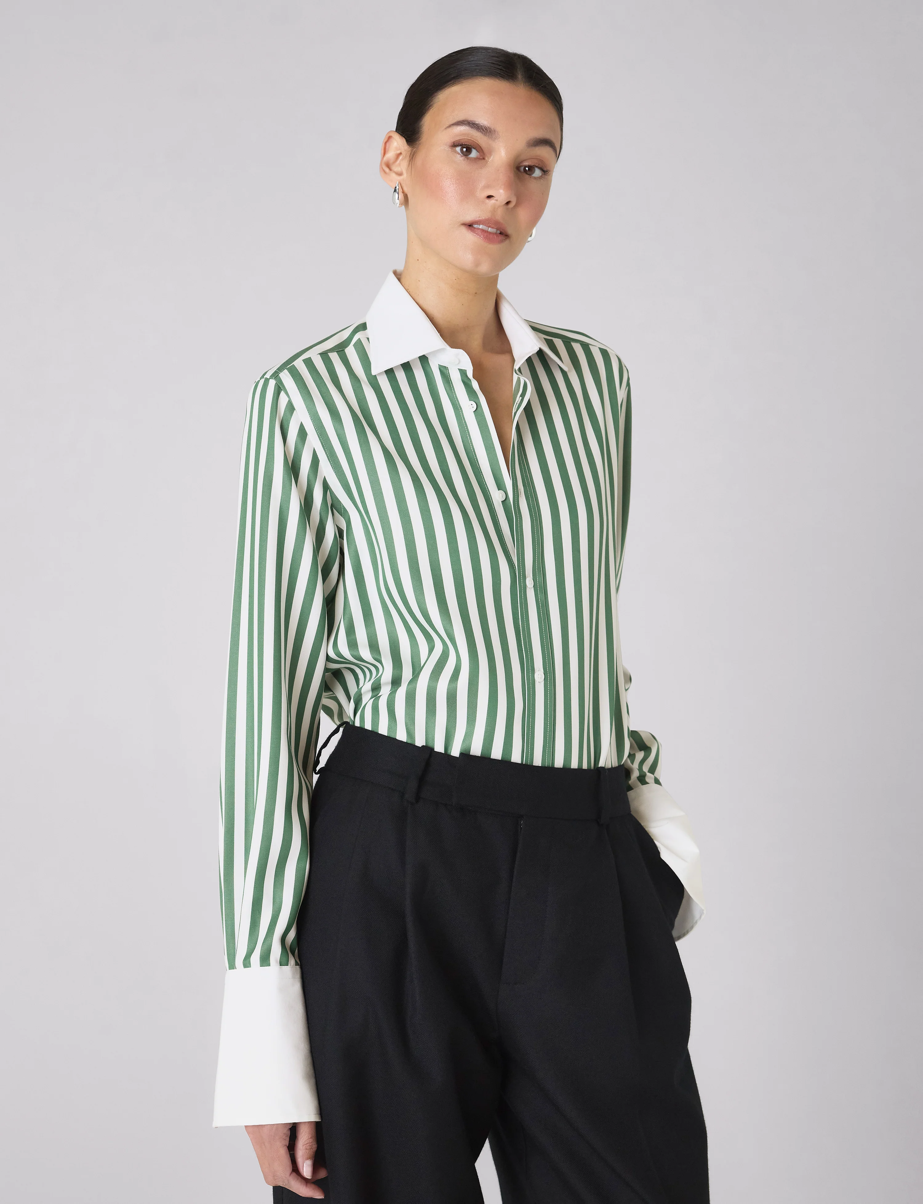 The Boyfriend Contrast Exaggerated Cuff: TENCEL™ Lyocell, Forest Green Stripe - With Nothing Underneath