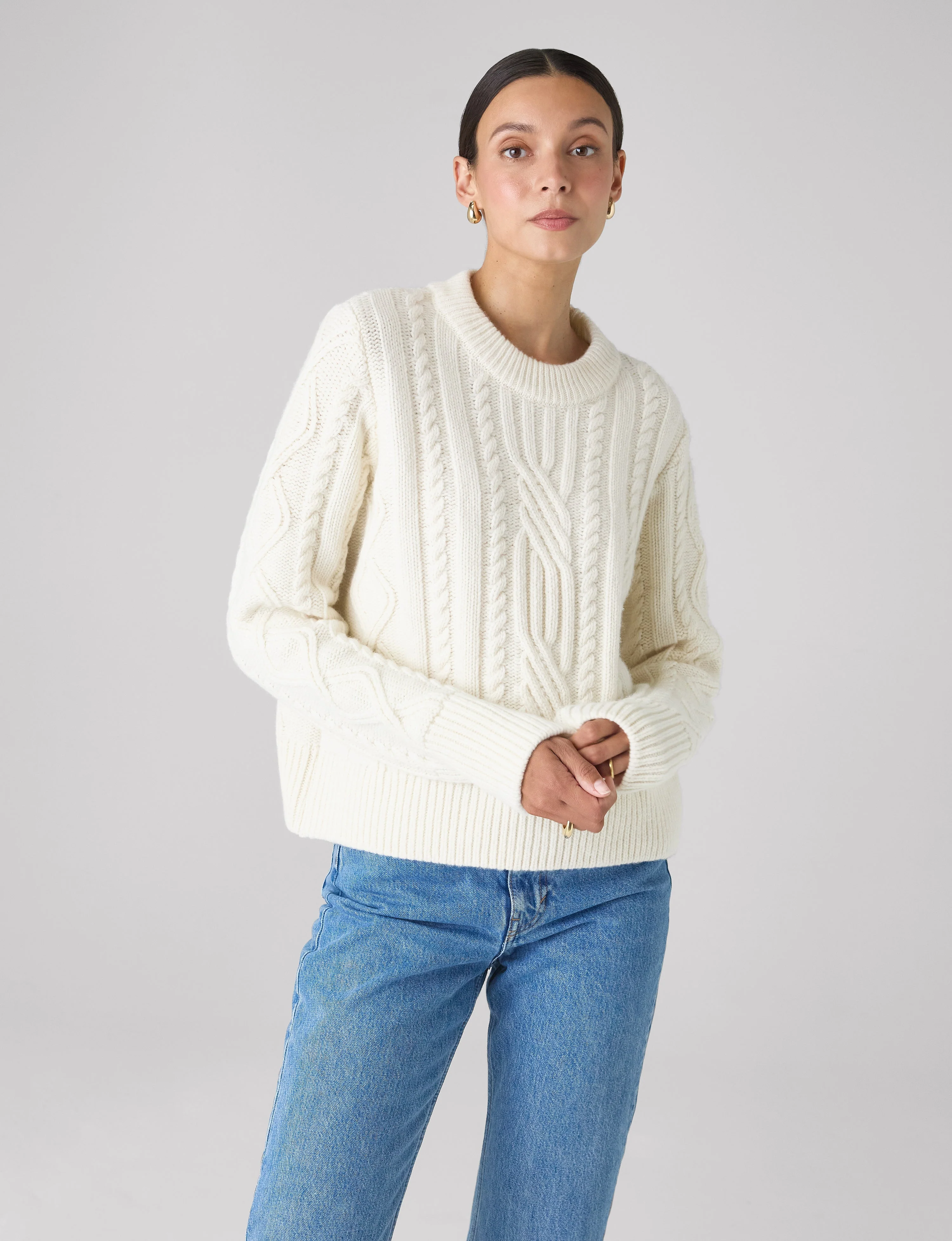 Devon Cable Jumper: Wool, Cream - With Nothing Underneath