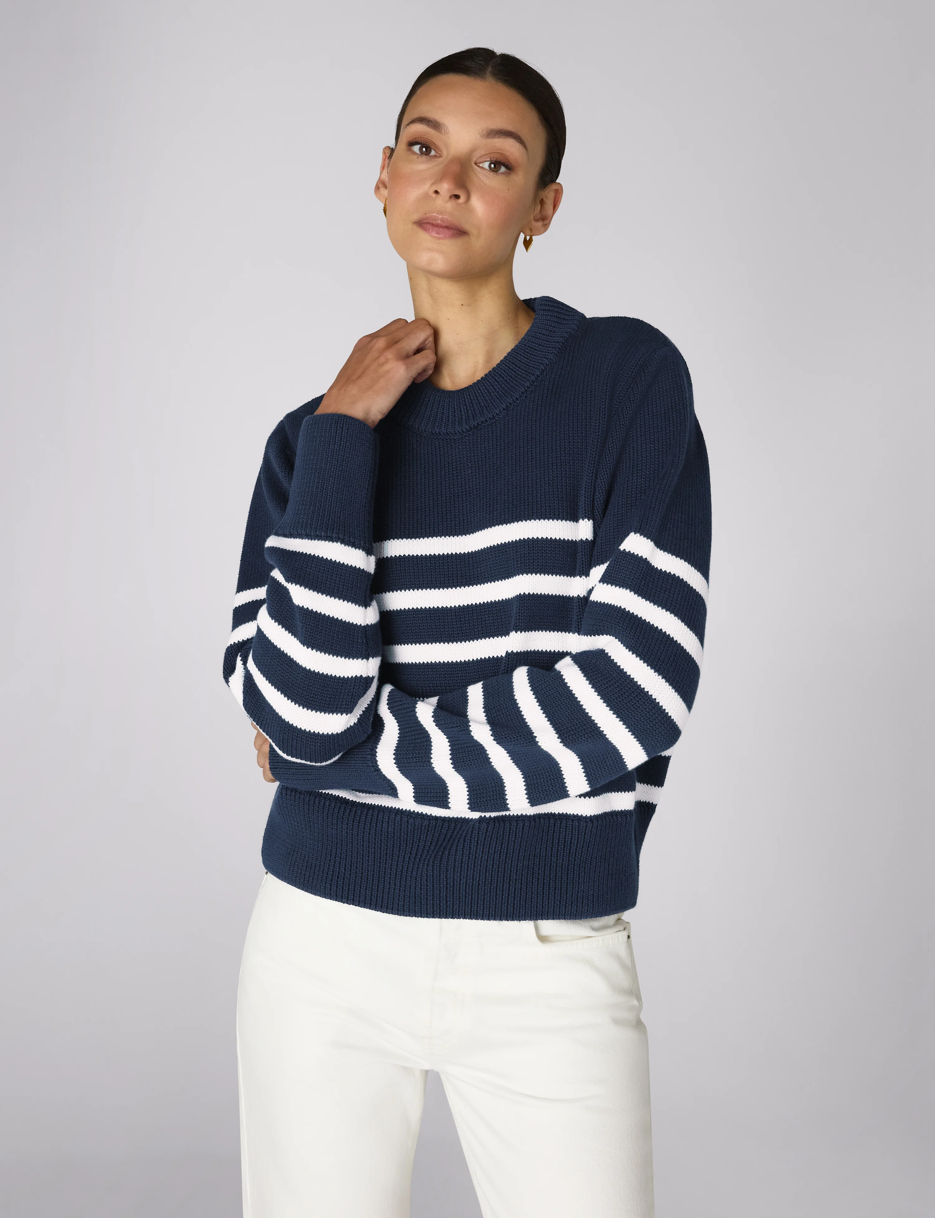 Devon Jumper: Cotton, Navy Blue and Off-White Stripe - With Nothing Underneath