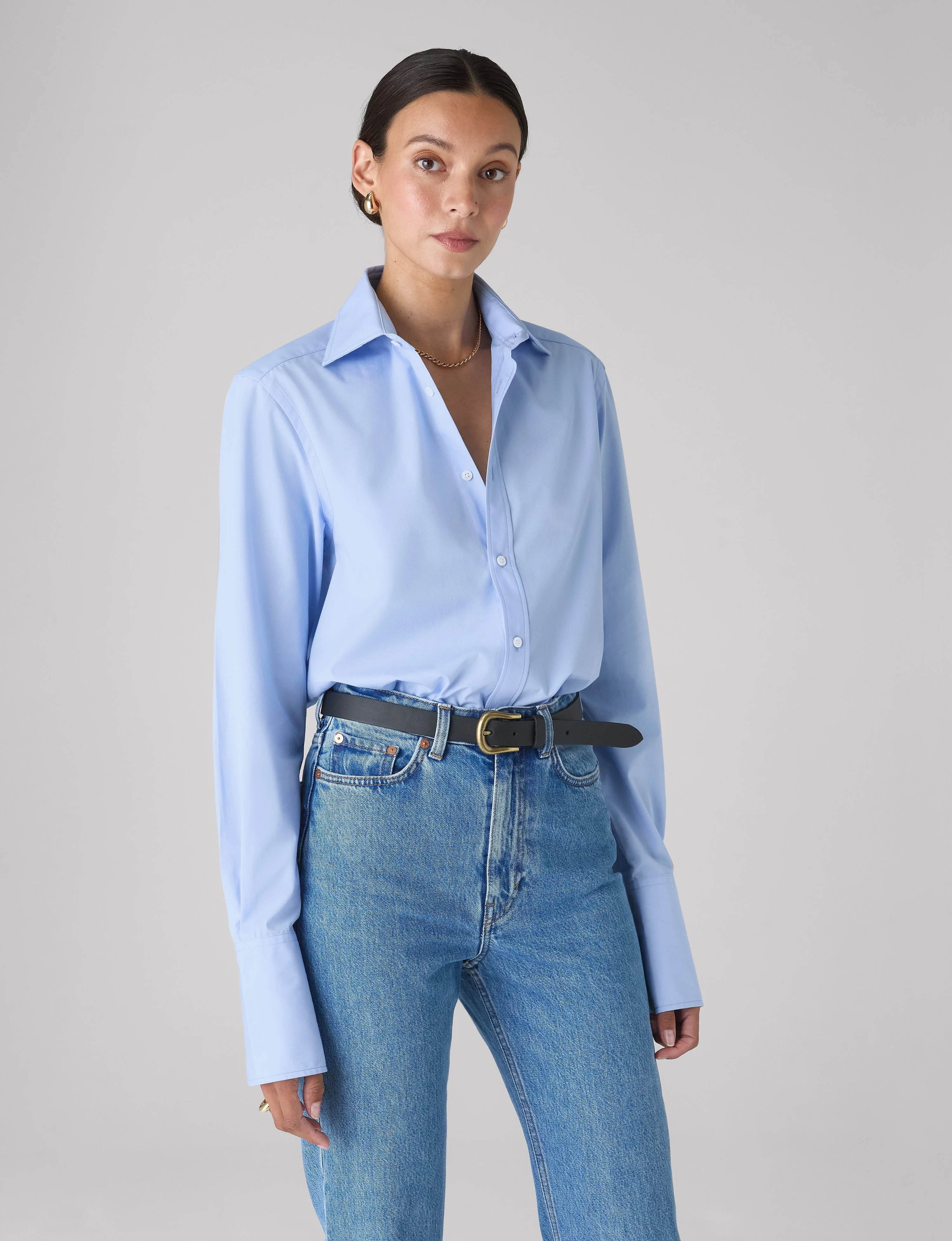 The Boyfriend Exaggerated Cuff: Fine Poplin, Sky Blue - With Nothing Underneath