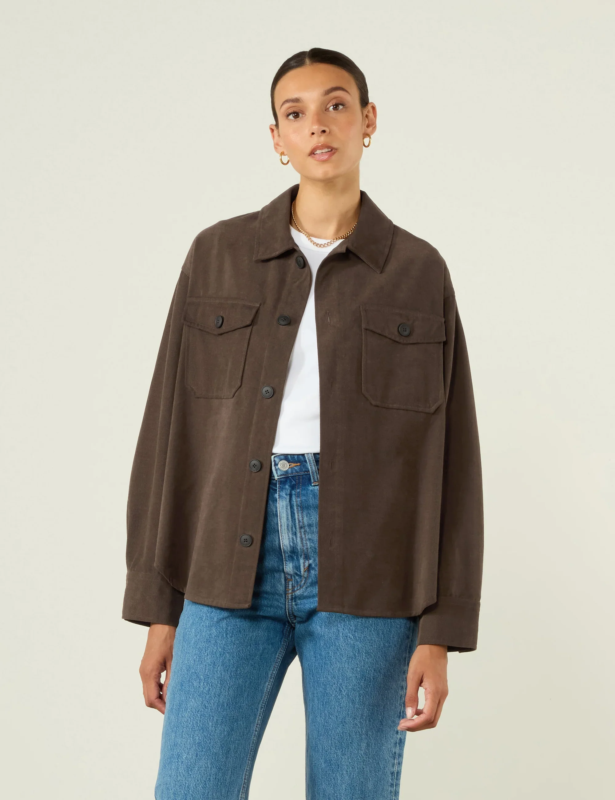 Stow Overshirt: Brushed Twill, Mocha - With Nothing Underneath