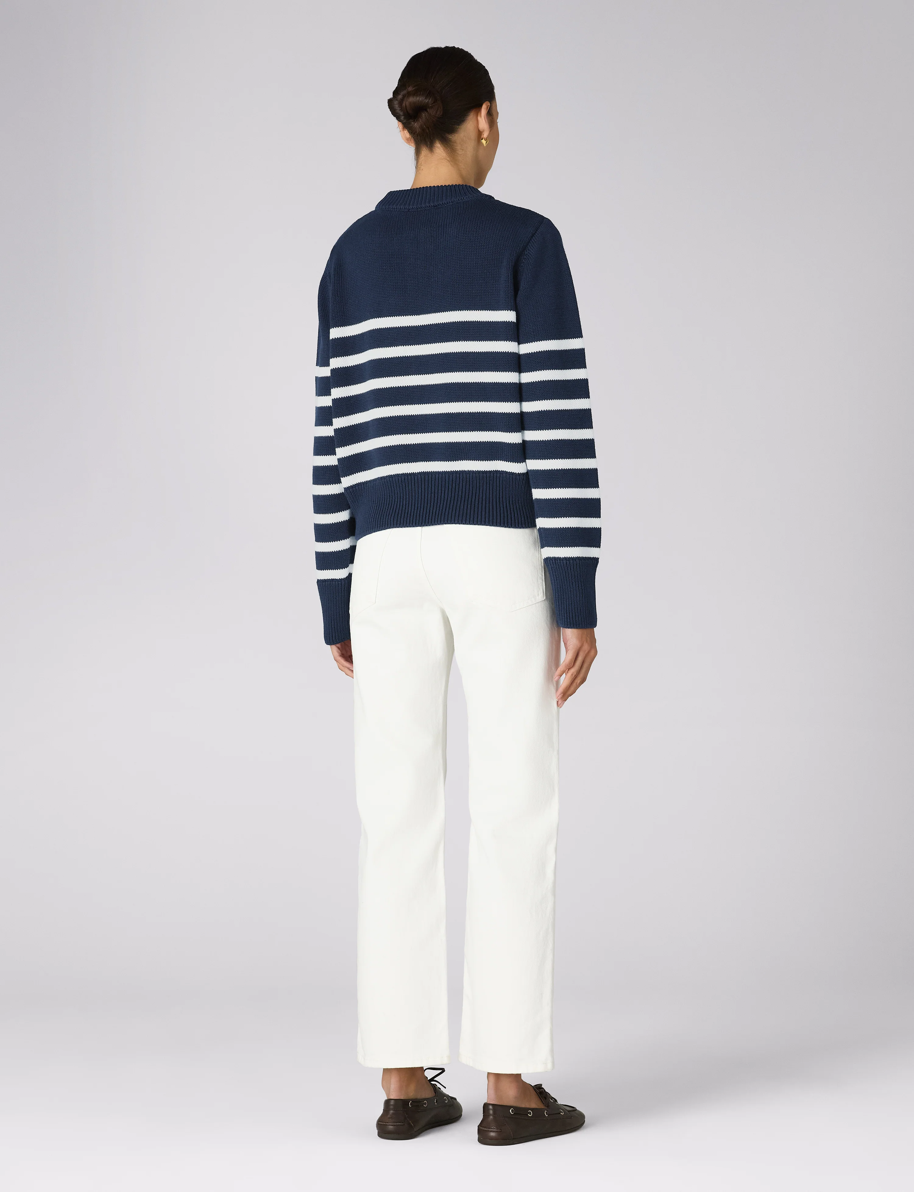 Devon Jumper: Cotton, Navy Blue and Off-White Stripe - With Nothing Underneath