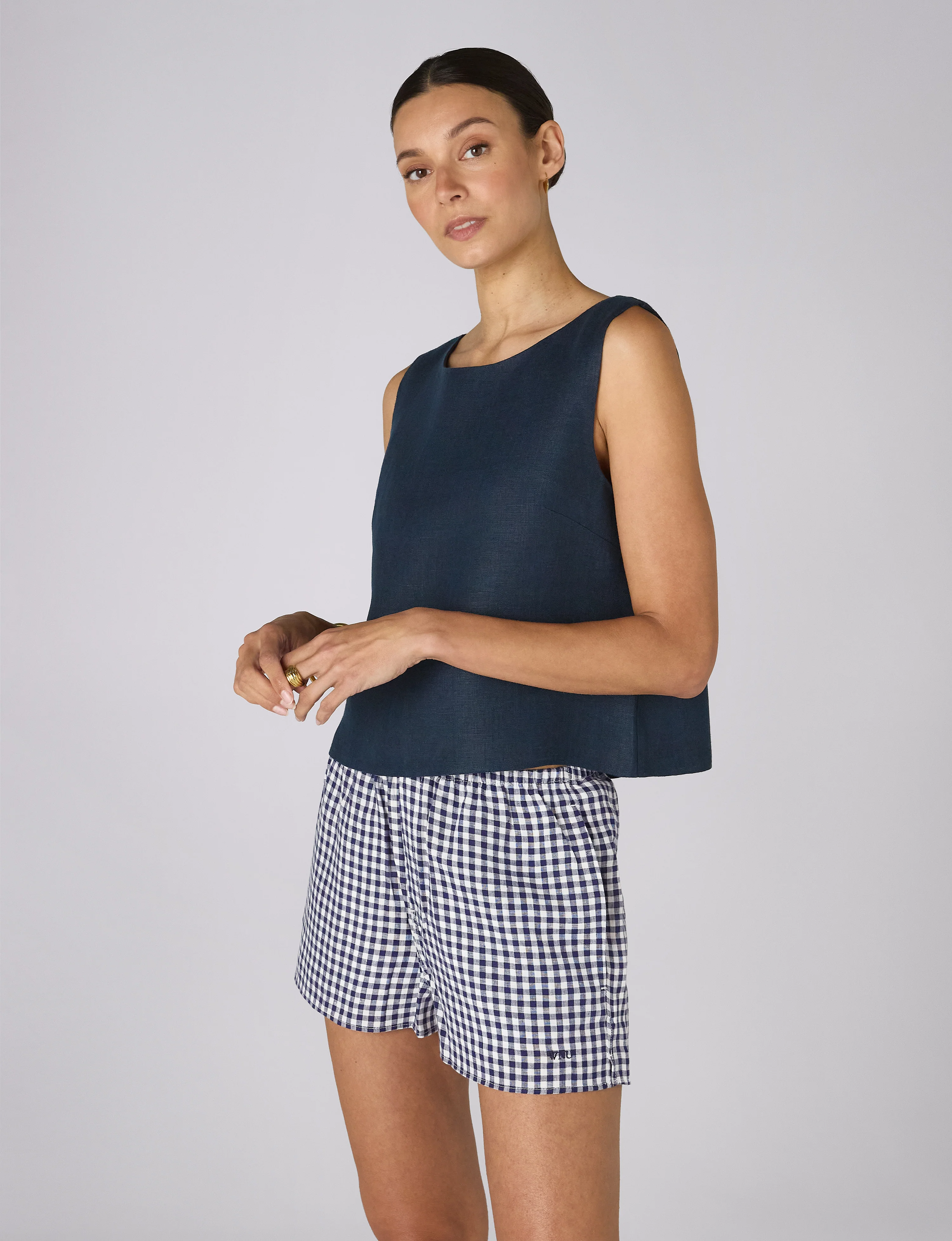 Court Short: Linen, Navy Blue Gingham - With Nothing Underneath