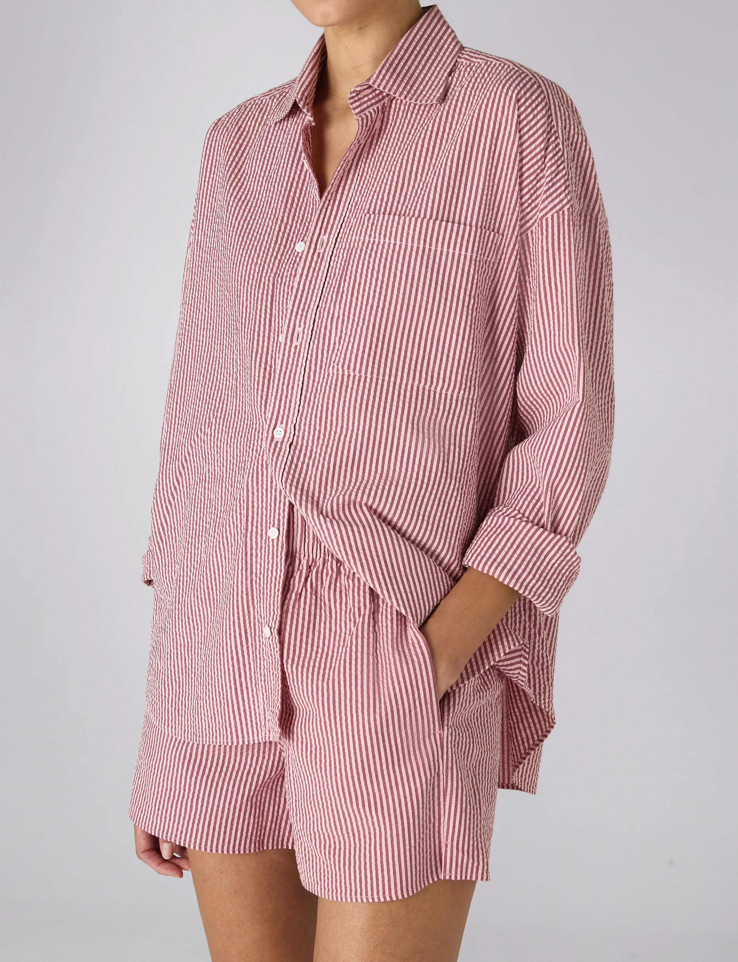 The Set: Seersucker Pink and Berry Stripe Shirt & Boxer Shorts - With Nothing Underneath