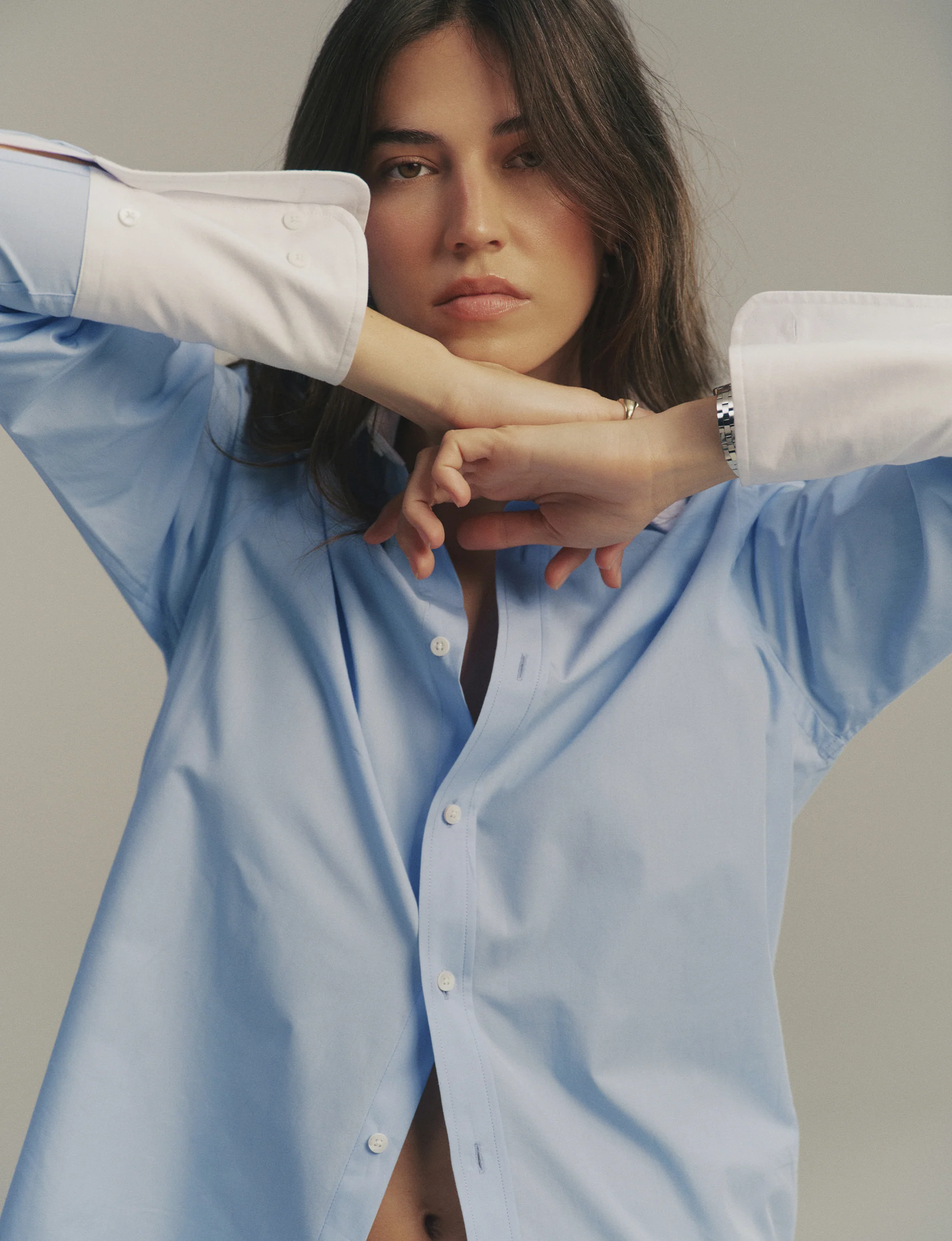 The Boyfriend Contrast Exaggerated Cuff and Collar: Fine Poplin, Sky Blue - With Nothing Underneath