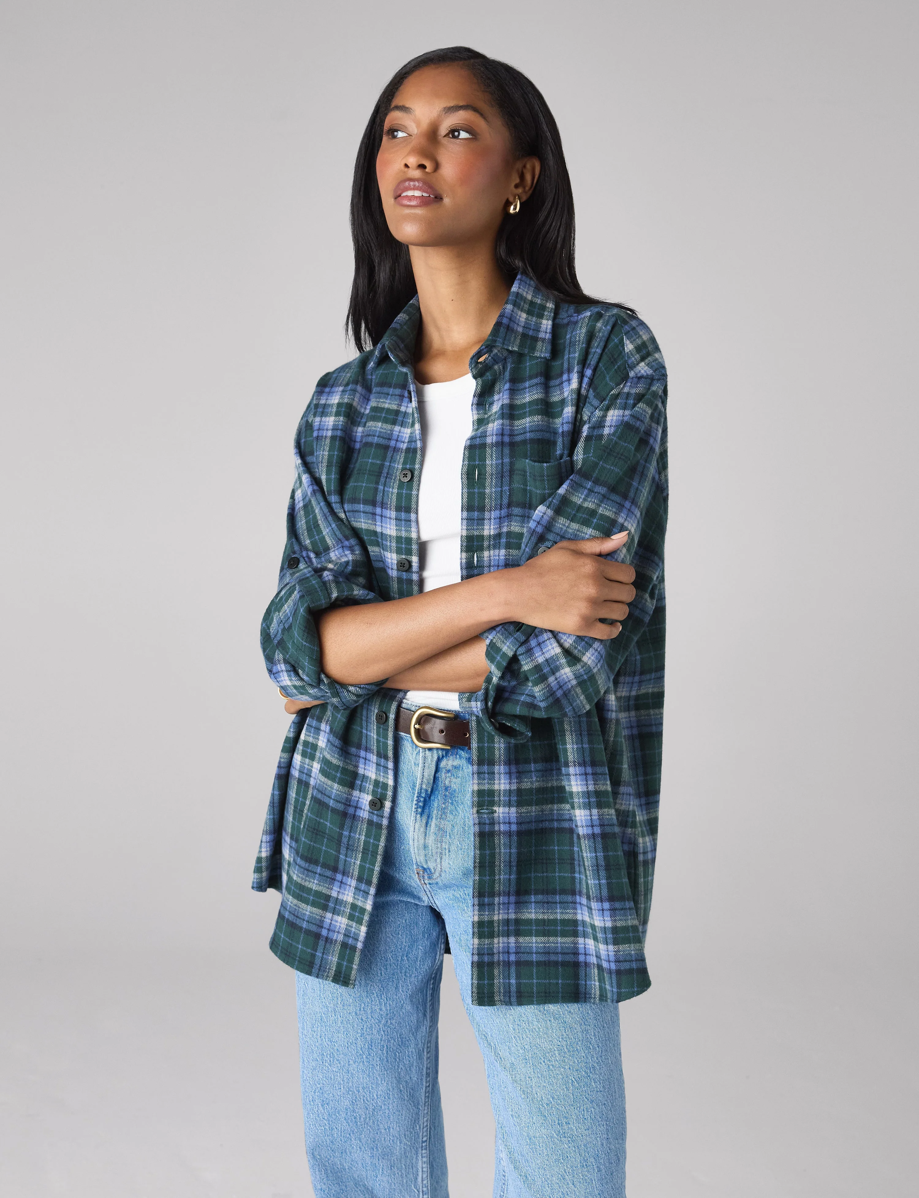The Oversized: Thick Brushed, Blue and Green Check - With Nothing Underneath