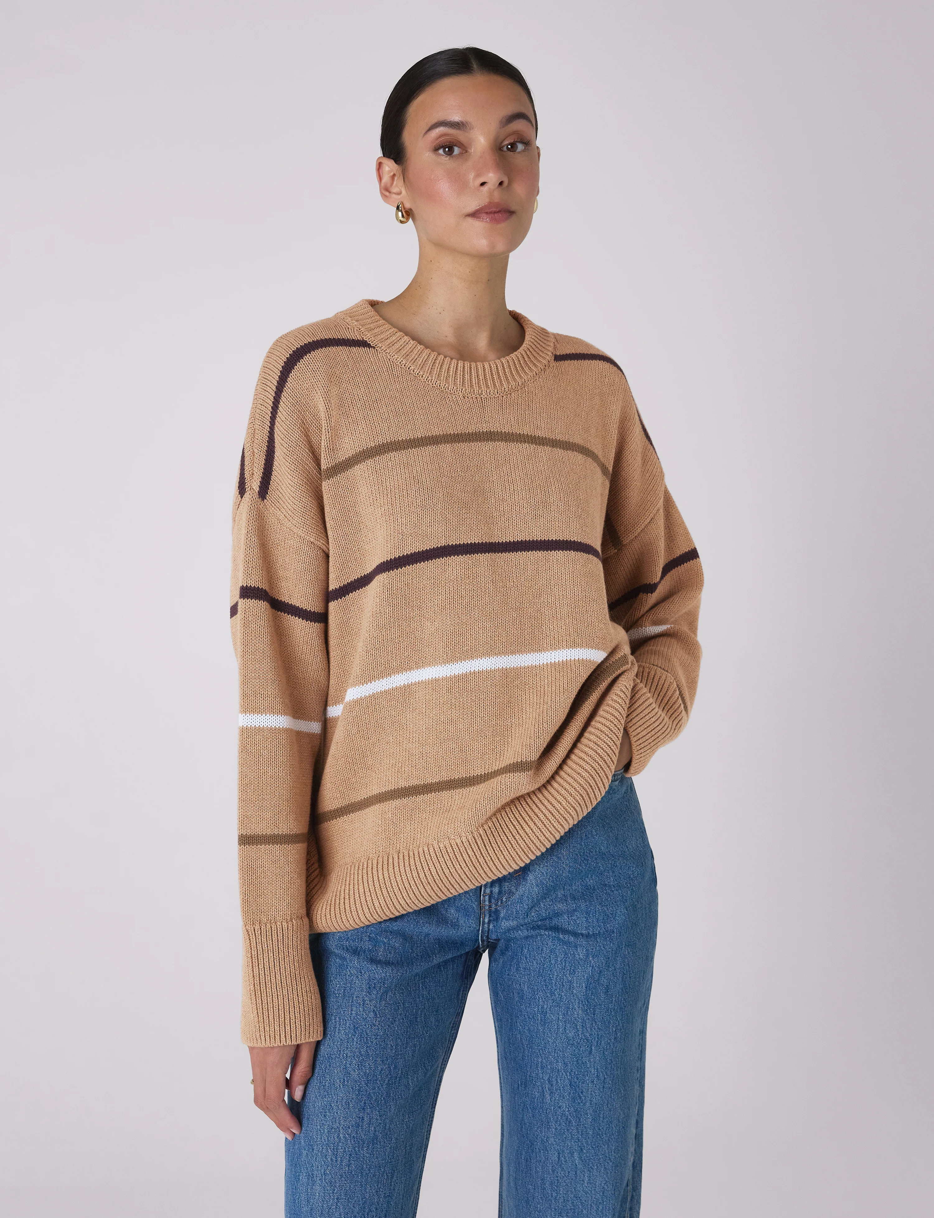 Cornwall Jumper: Cotton, Sand and Blue Multi Stripe - With Nothing Underneath