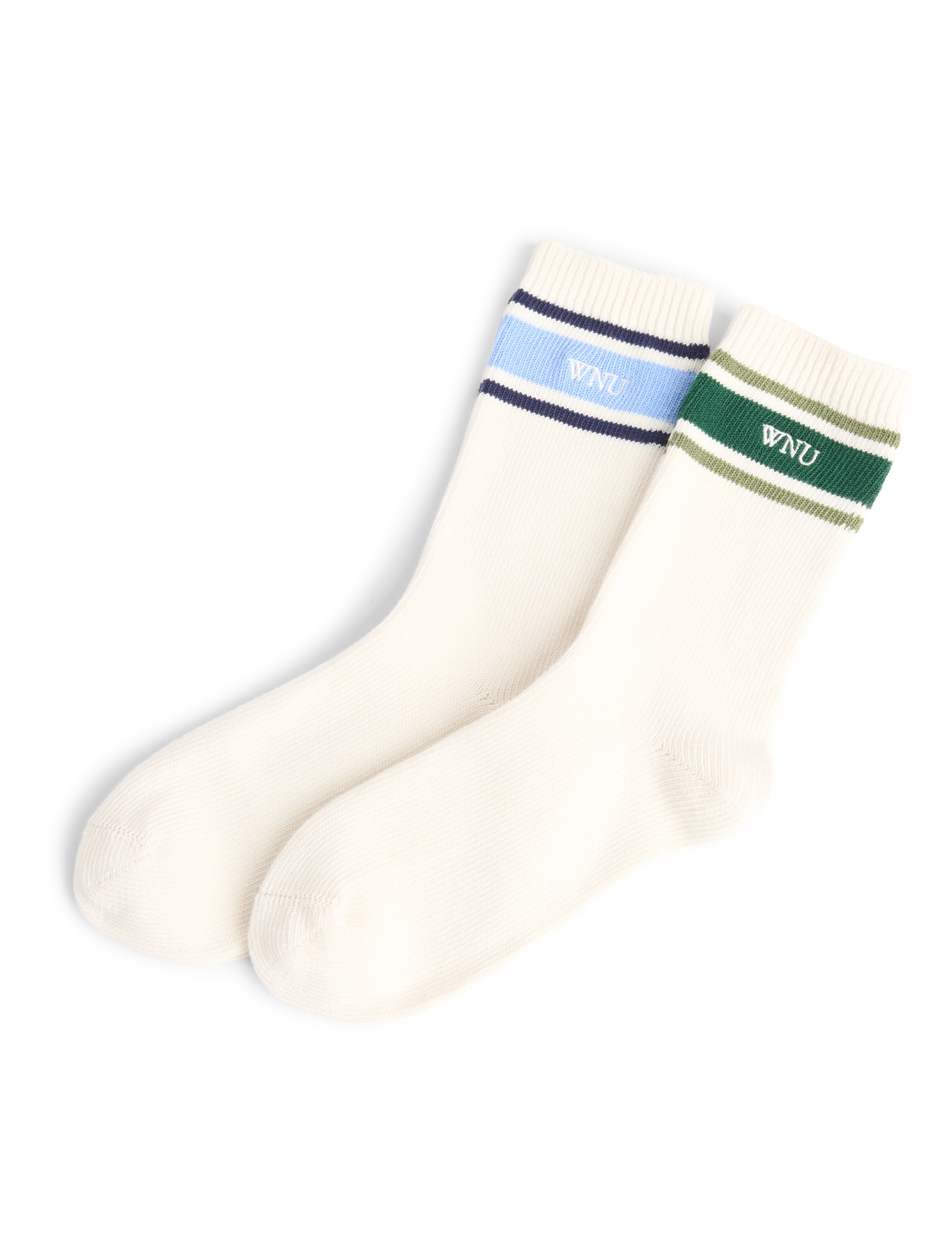 Two Pack - Crew Socks: Cotton Blend, Green Stripe and Blue Stripe - With Nothing Underneath