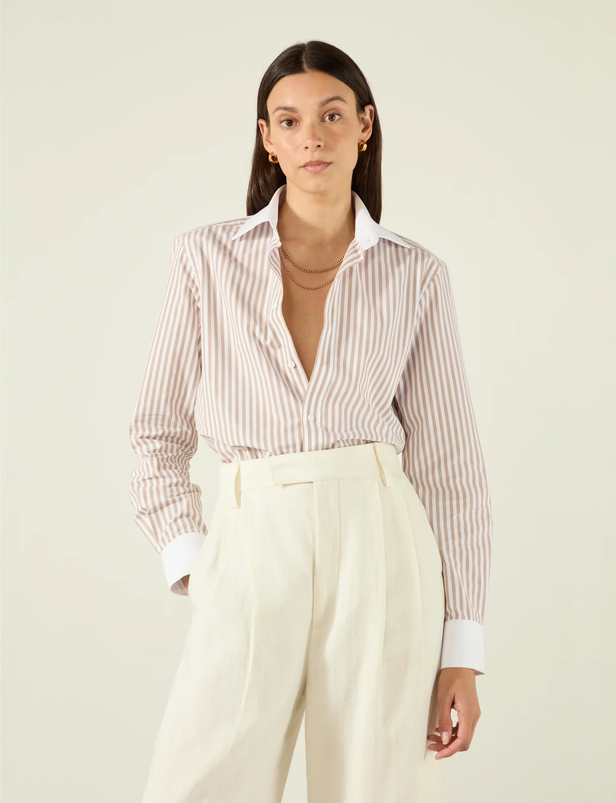The Boyfriend Contrast: Fine Poplin, Latte Stripe - With Nothing Underneath