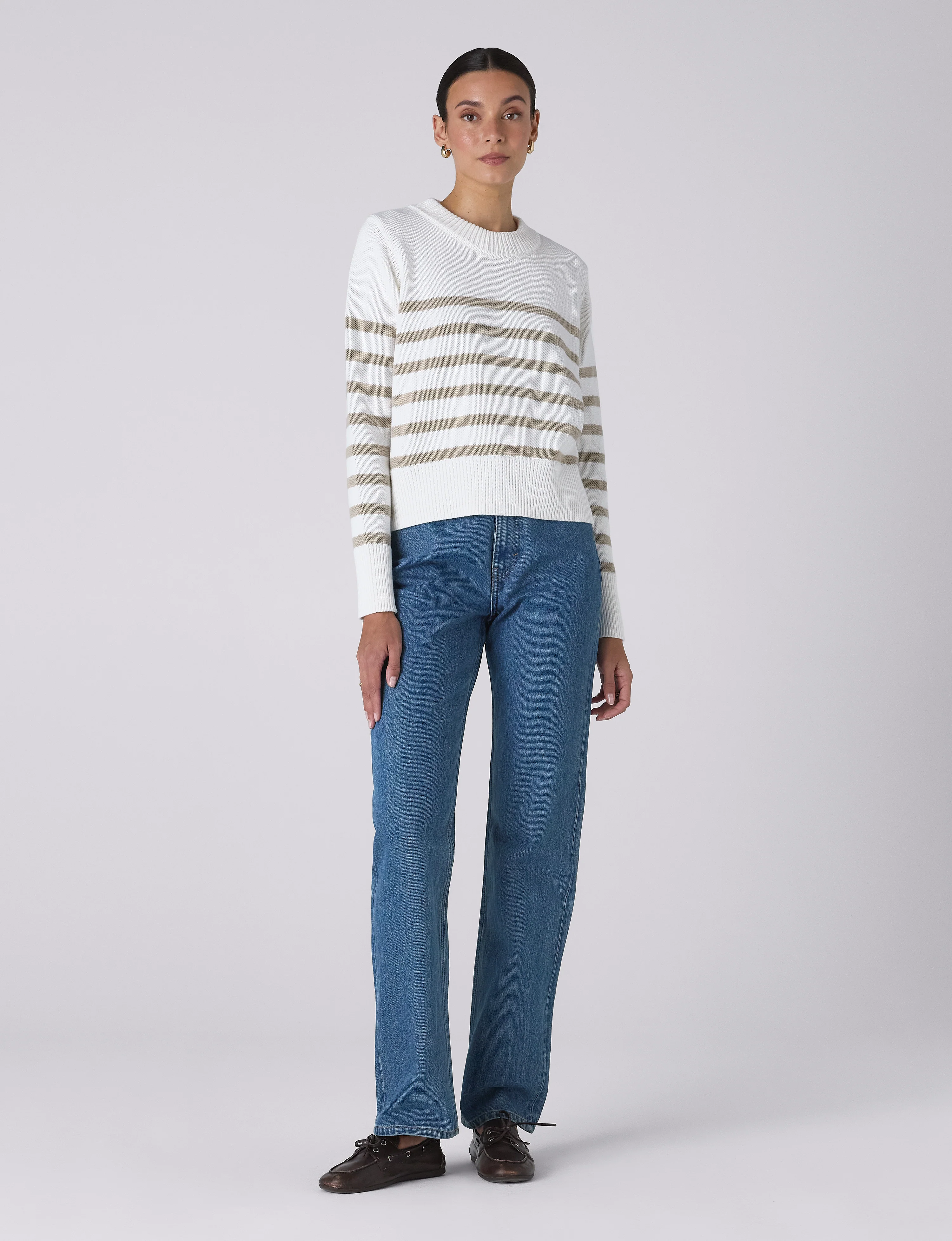 Devon Jumper: Cotton, Latte Stripe - With Nothing Underneath