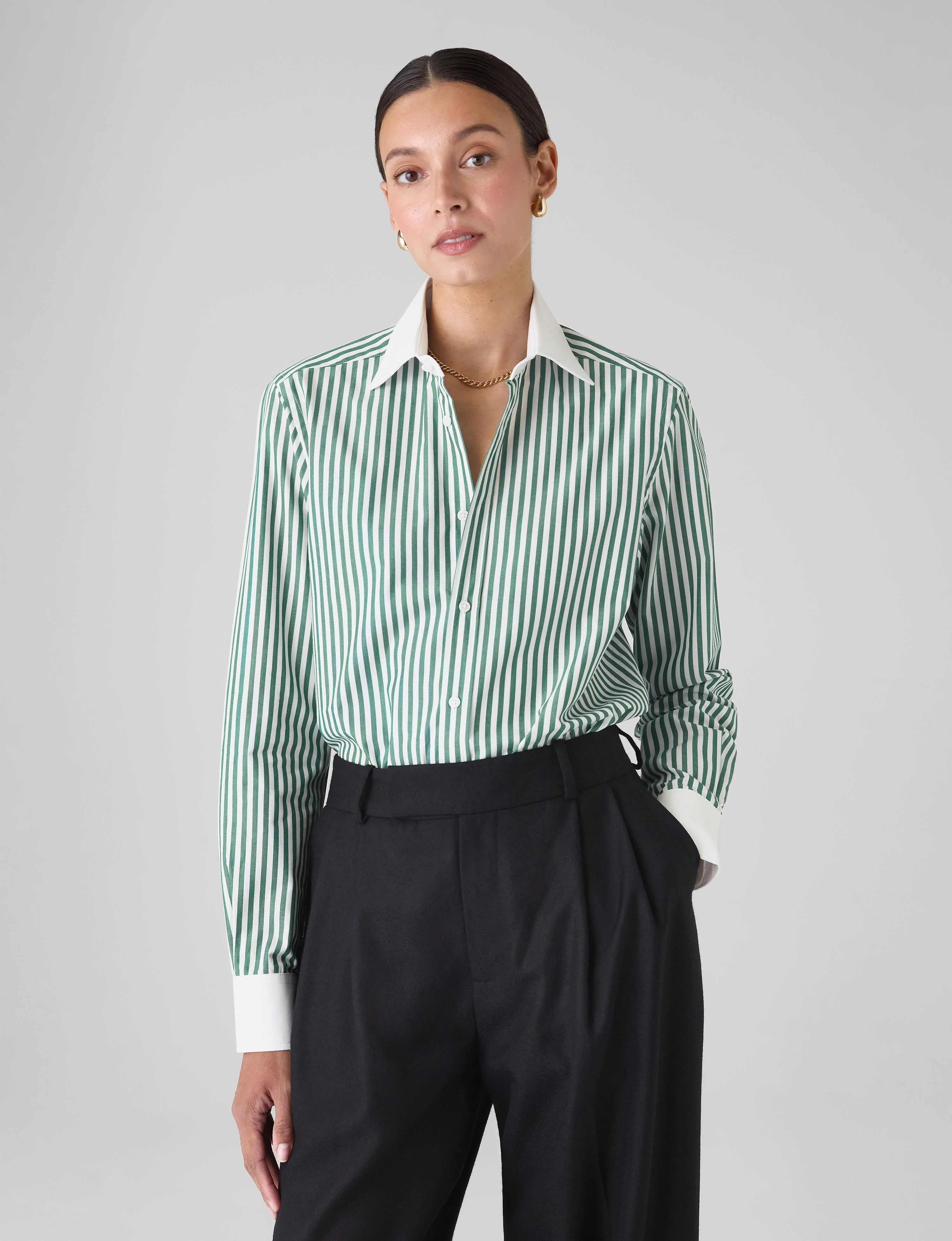 The Boyfriend Contrast: Fine Poplin, Forest Green stripe - With Nothing Underneath