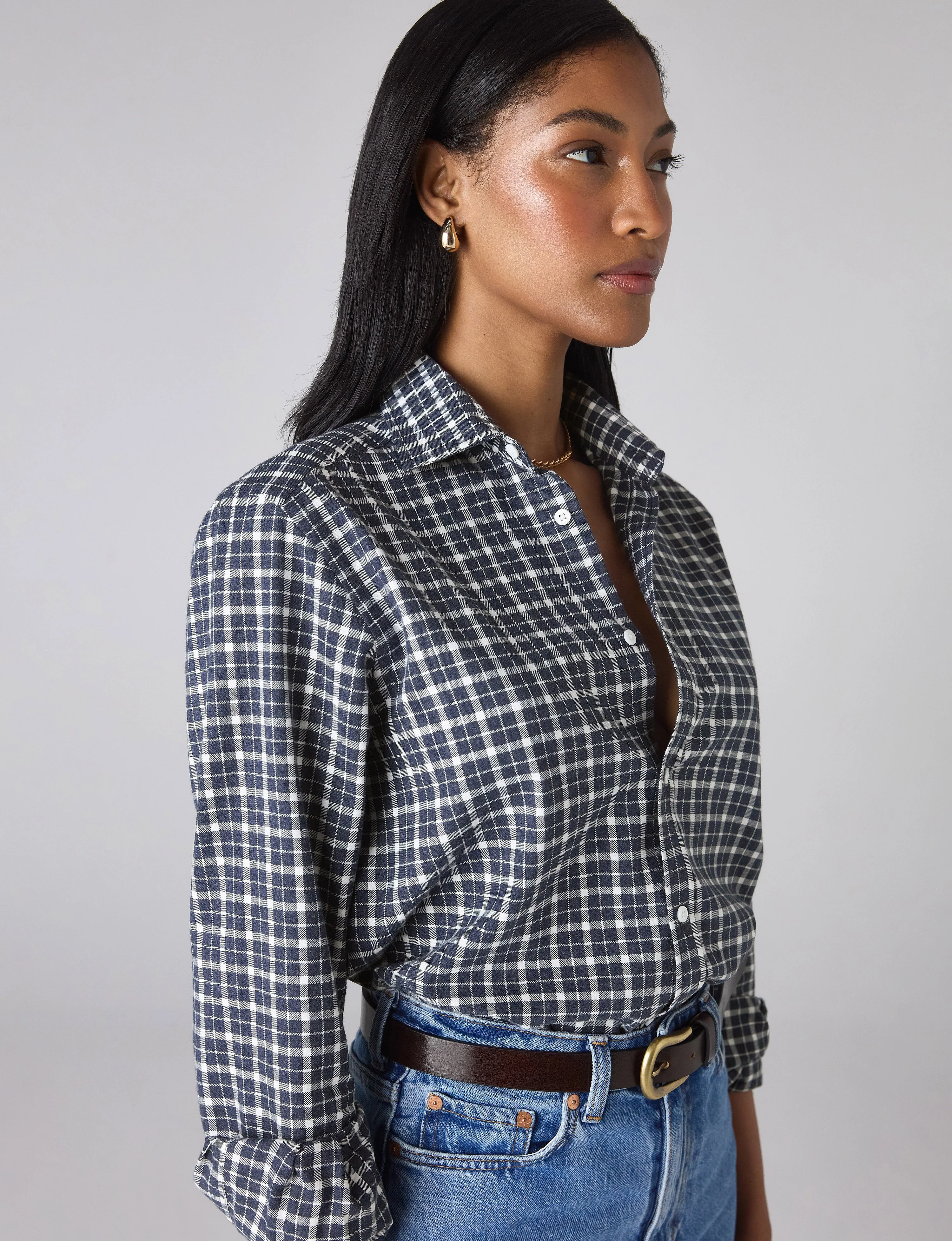 The Classic: Fine Brushed, Navy Blue Check - With Nothing Underneath