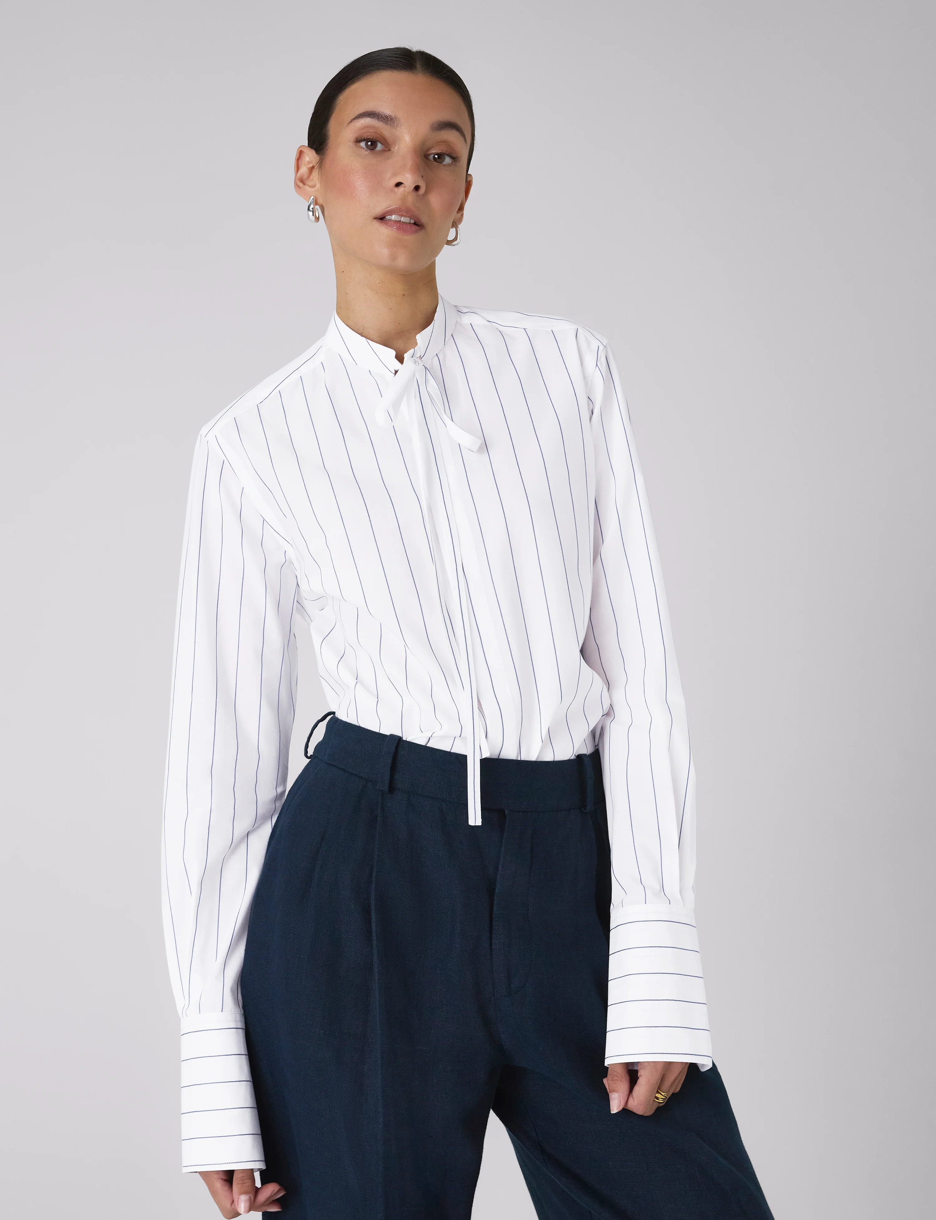 The Boyfriend Bow Tie: Fine Poplin, Blue and White Stripe - With Nothing Underneath