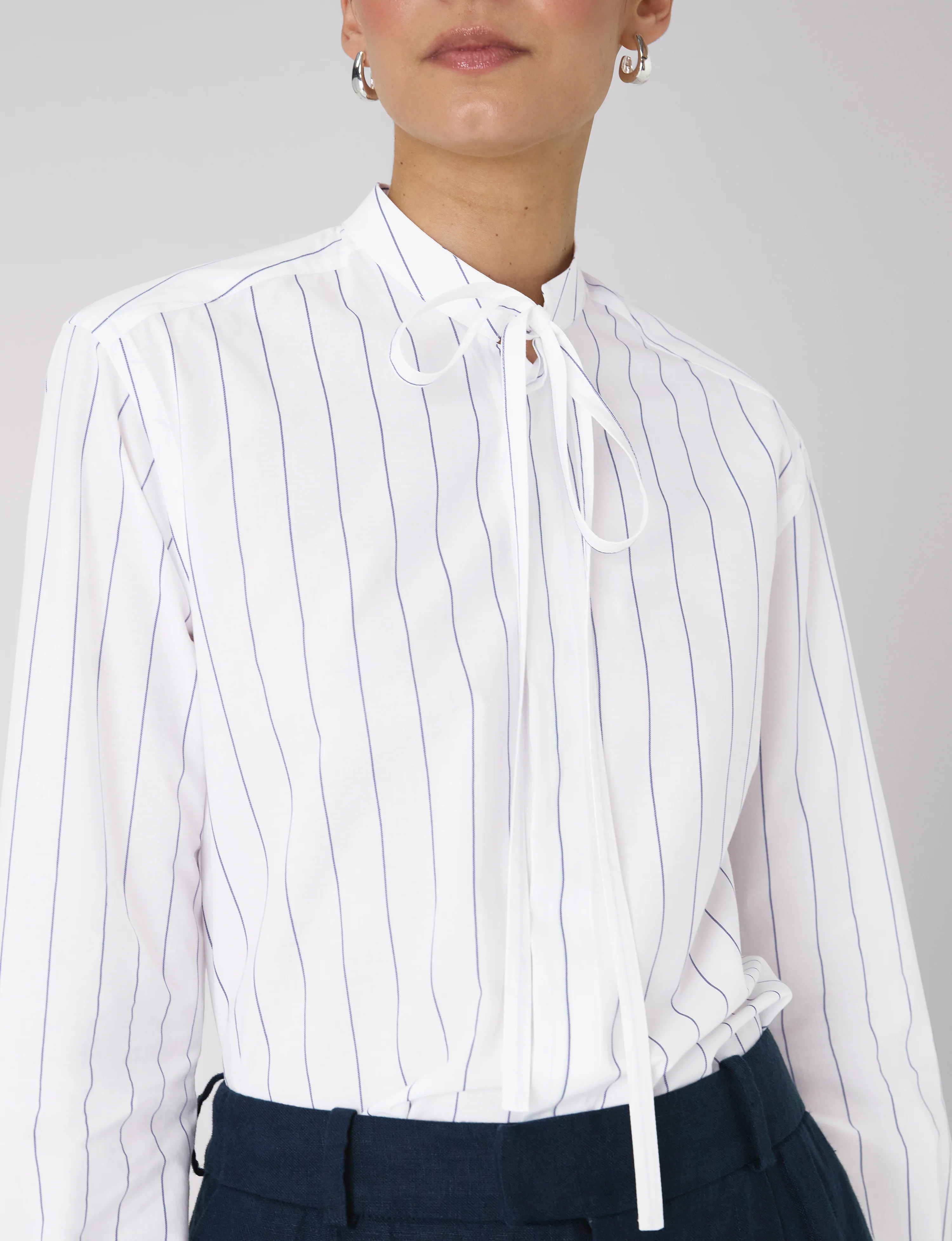 The Boyfriend Bow Tie: Fine Poplin, Blue and White Stripe - With Nothing Underneath