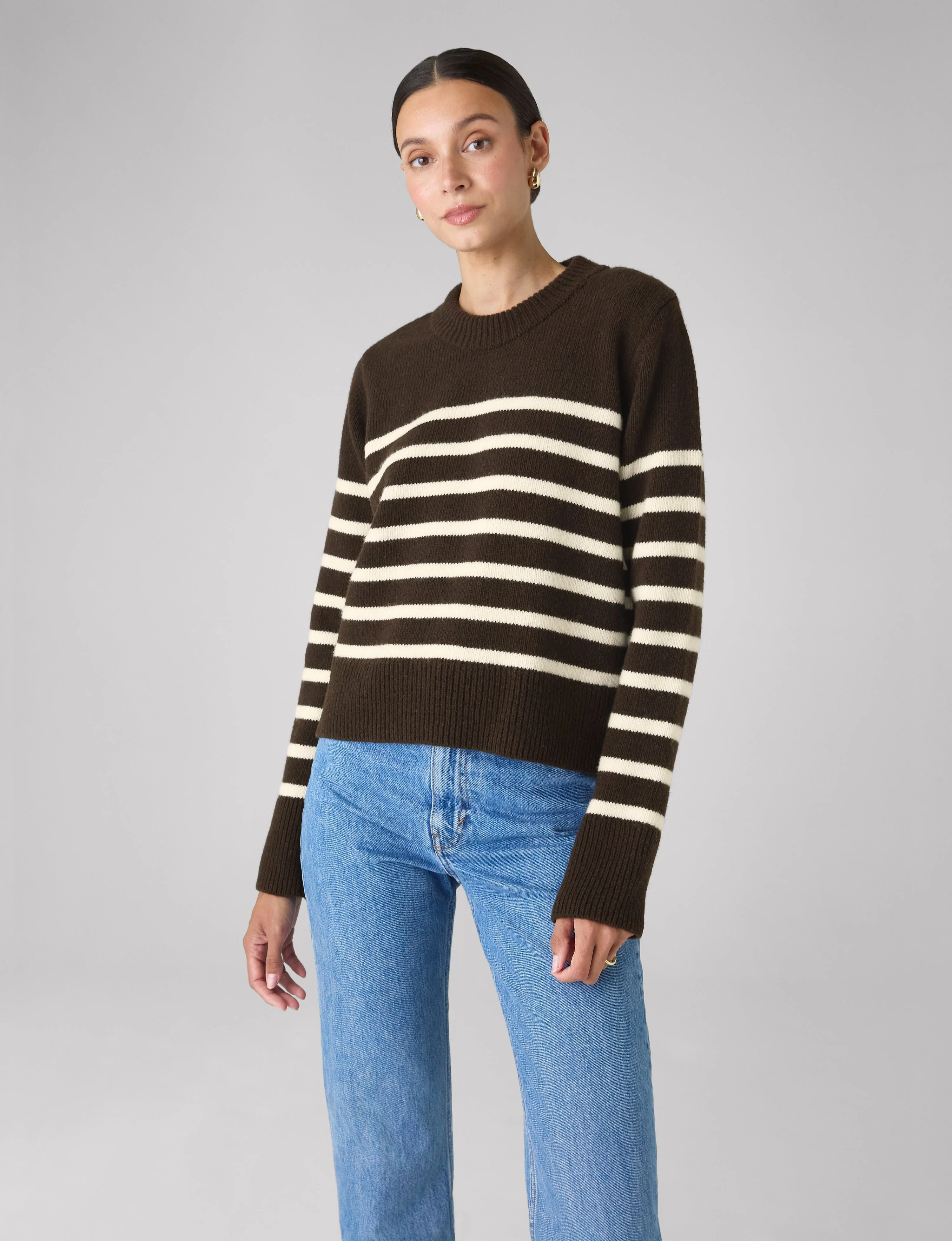 Devon Jumper: Wool, Chocolate with Cream Stripes - With Nothing Underneath