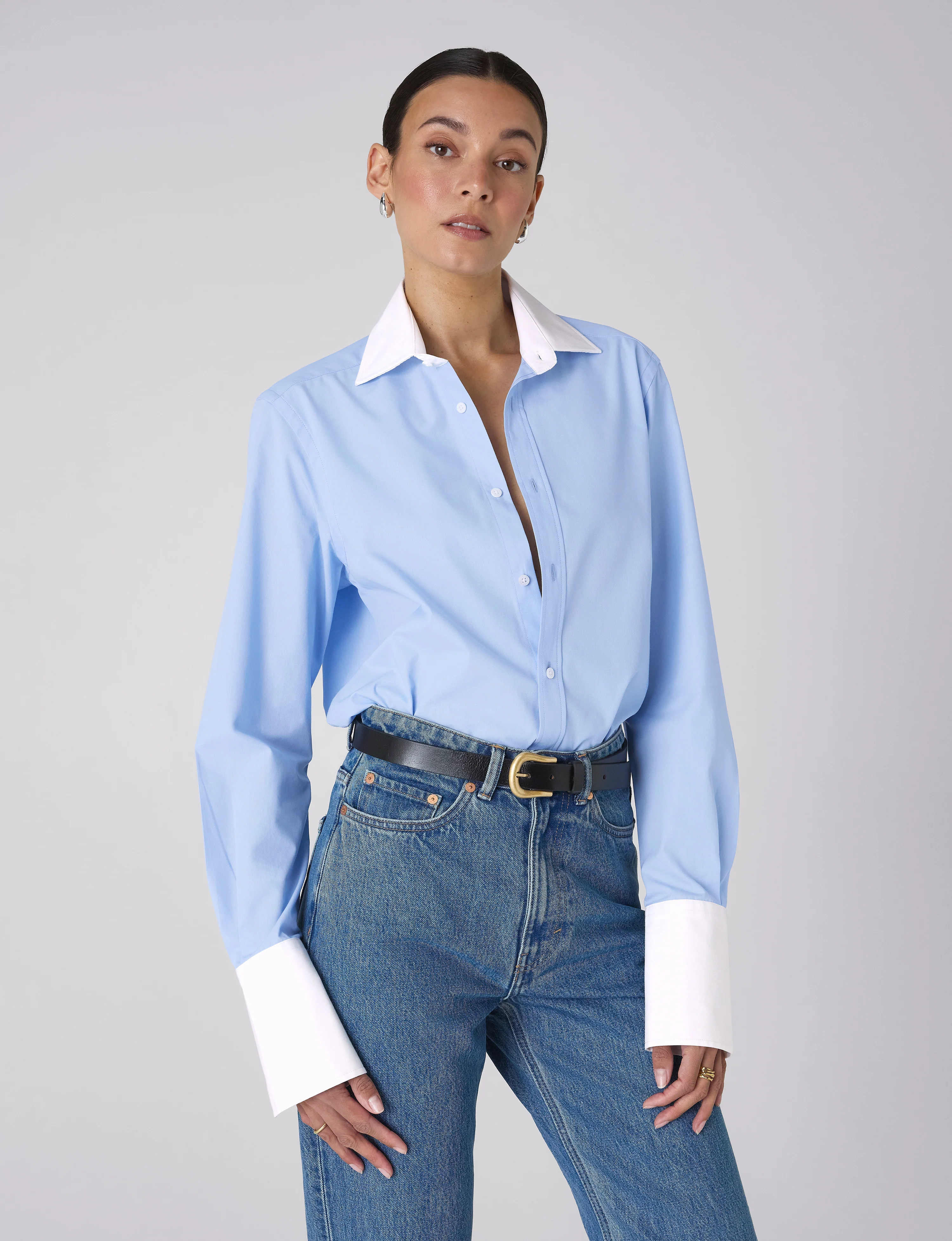 The Boyfriend Contrast Exaggerated Cuff and Collar: Fine Poplin, Sky Blue - With Nothing Underneath