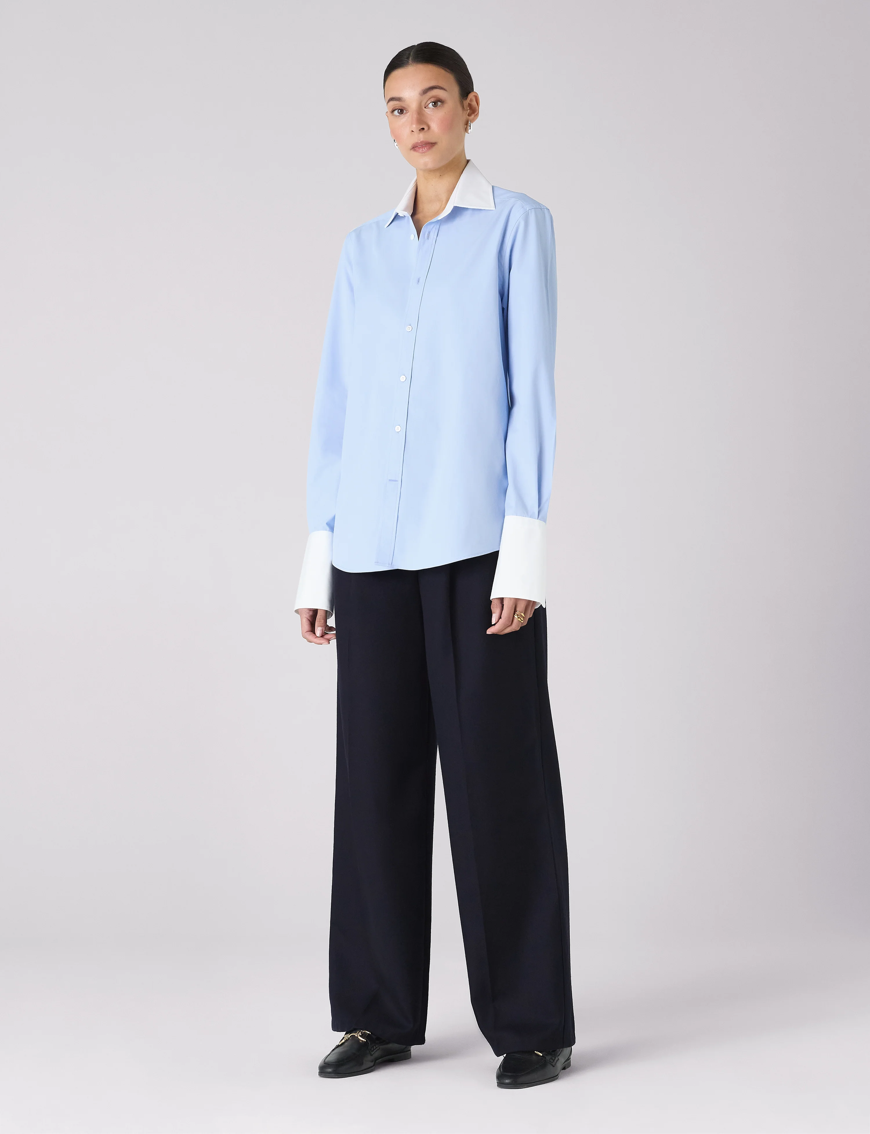 The Boyfriend Contrast Exaggerated Cuff and Collar: Fine Poplin, Sky Blue - With Nothing Underneath